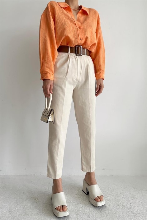 Kemerli Ham Keten Balon Pantolon Taş