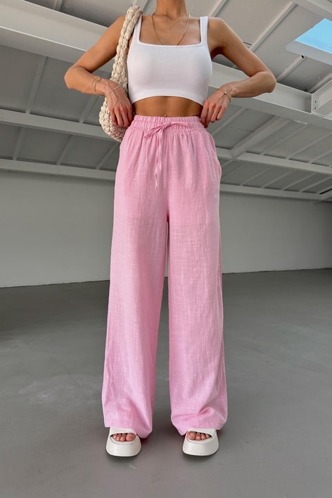 Keten Bağcıklı Pantolon Pembe