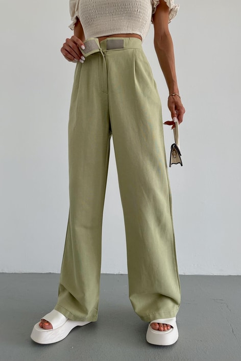 Keten ÇıtÇıt Palazzo Pantolon Yağ Yeşili