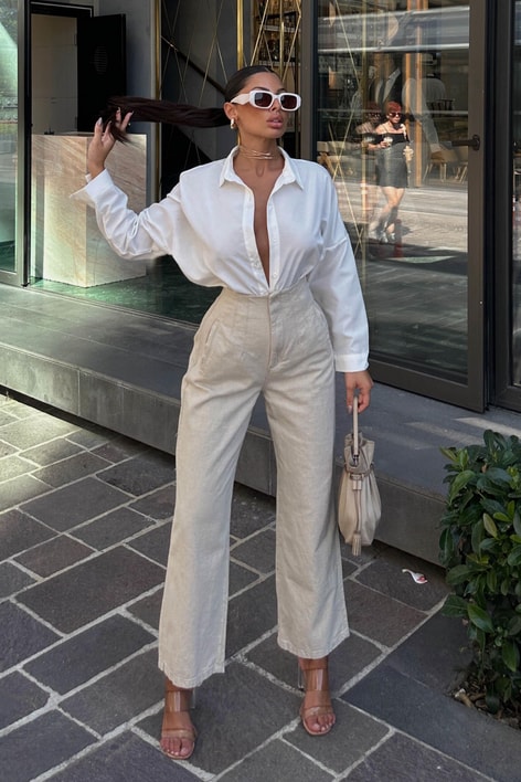 Keten Pileli Straight Pantolon Krem