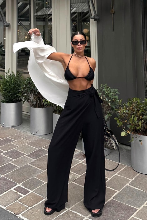 Kruvaze Kapamalı Ham Keten Pantolon Siyah