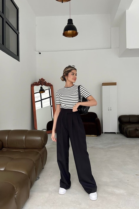 Kumaş ÇıtÇıt Palazzo Pantolon Siyah