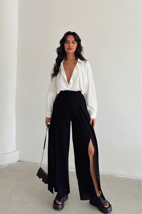 Önü Bağlamalı Keten Pantolon Siyah