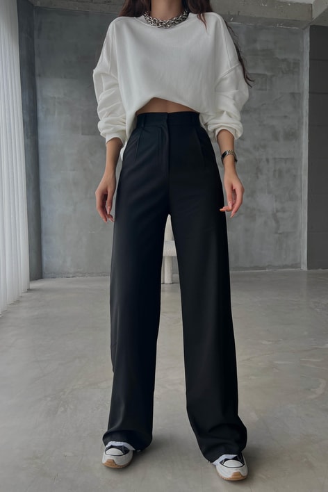 Paça Detay Pensli Palazzo Pantolon Siyah