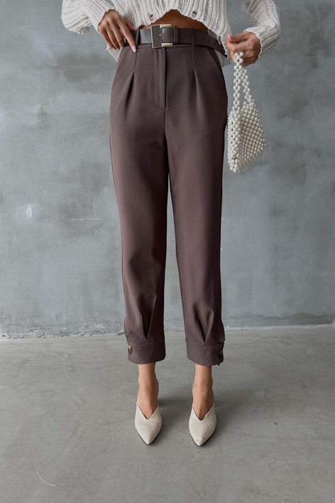 Paça Düğmeli Kemerli Pantolon Kahve