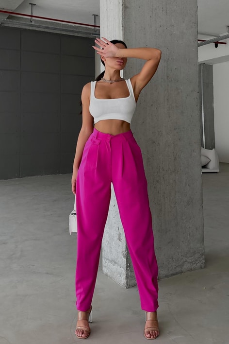 Paça Düğmeli Pileli Havuç Pantolon Fuşya