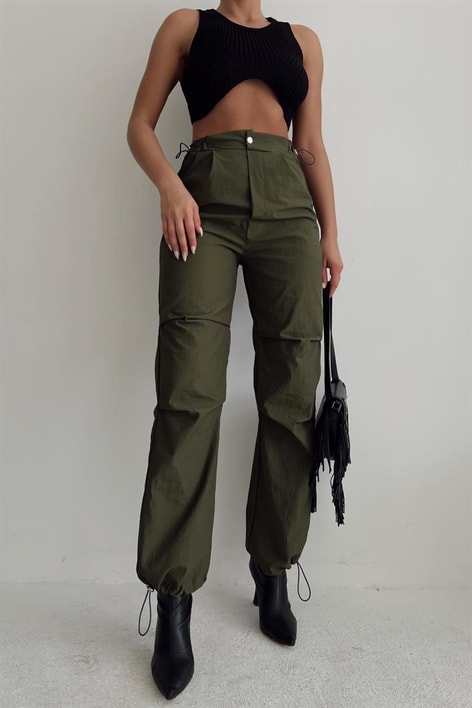 Paçası Büzgülü Paraşüt Pantolon Haki