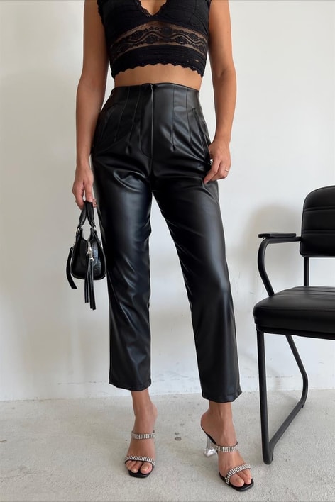 Pensli Yüksek Bel Deri Pantolon Siyah