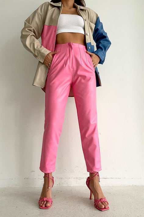 Pensli Yüksek Bel Deri Pantolon Pembe