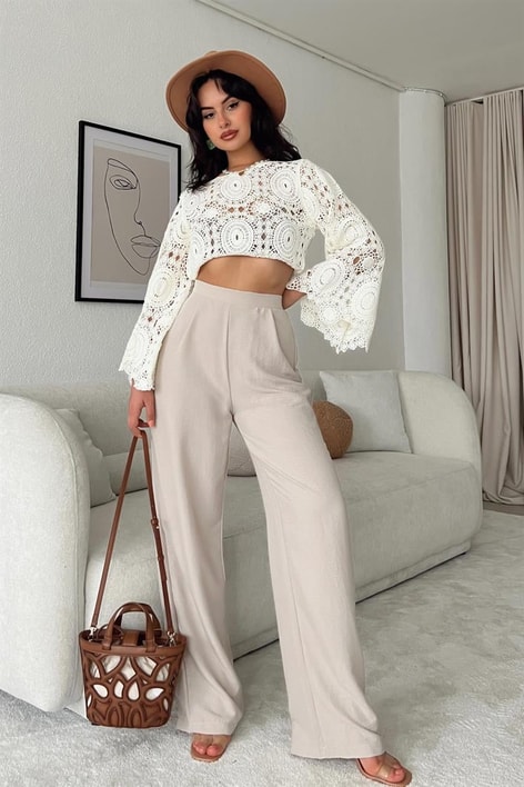 Pileli İnce Palazzo Pantolon Taş