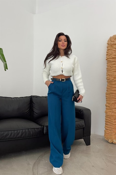 Pileli Yüksek Bel Pantolon Petrol Mavisi