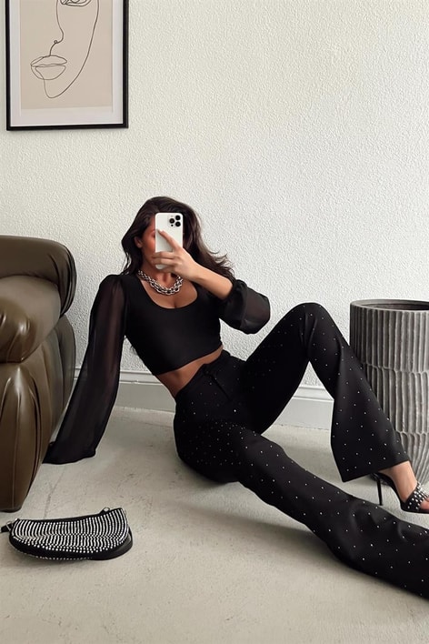 Taşlı Yırtmaçlı Detay Pantolon Siyah