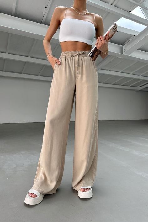 Wide Leg Tensel Kumaş Pantolon Bej