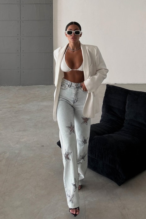 Yıldız Desenli Crop Straight Jean Buz Mavi