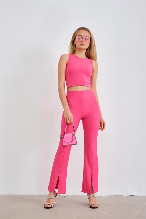 Yırtmaçlı Dikiş Detay Pantolon Fuşya