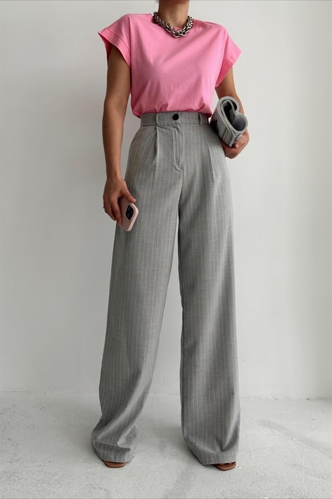 Yüksek Bel Çizgili Palazzo Pantolon Açık Gri
