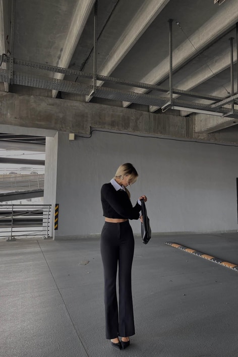 Yüksek Bel İspanyol Kumaş Pantolon Siyah