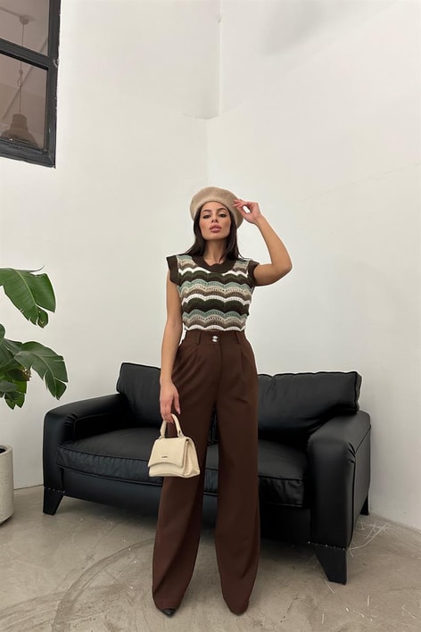 Yüksek Bel Palazzo Pantolon Kahve