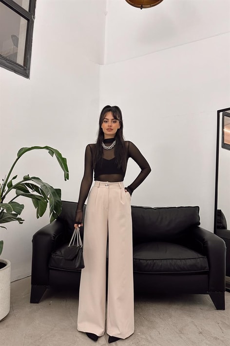 Yüksek Bel Palazzo Pantolon Taş