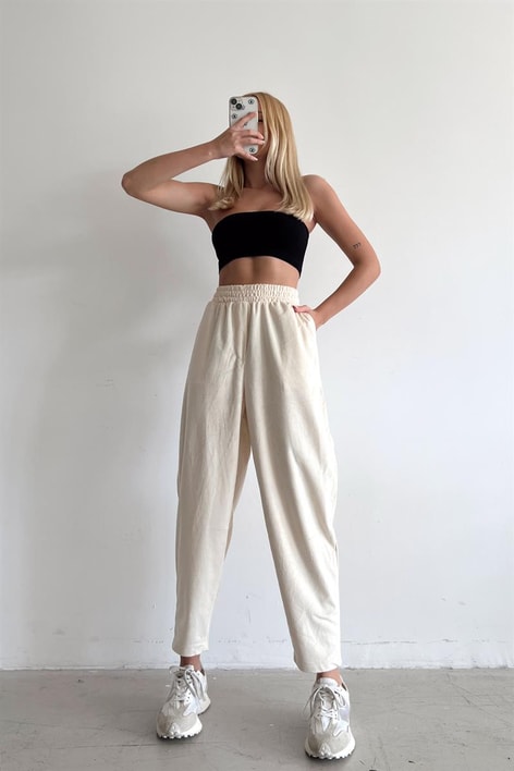 Yumoş Kadife Jogger Pantolon Ekru