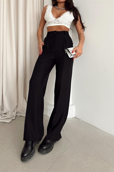 Yün Efekt Palazzo Pileli Pantolon Siyah