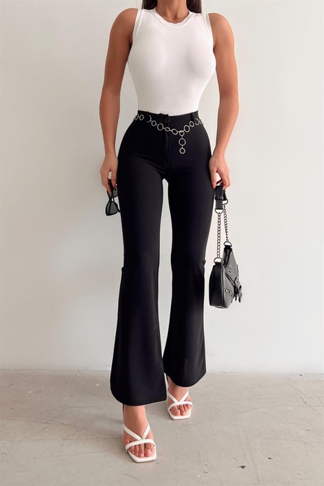 Zincir Kemerli Yüksek Bel Pantolon Siyah