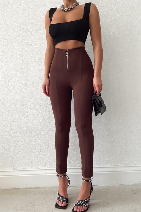 Zip Detay Nervür Dikişli Pantolon Kahve
