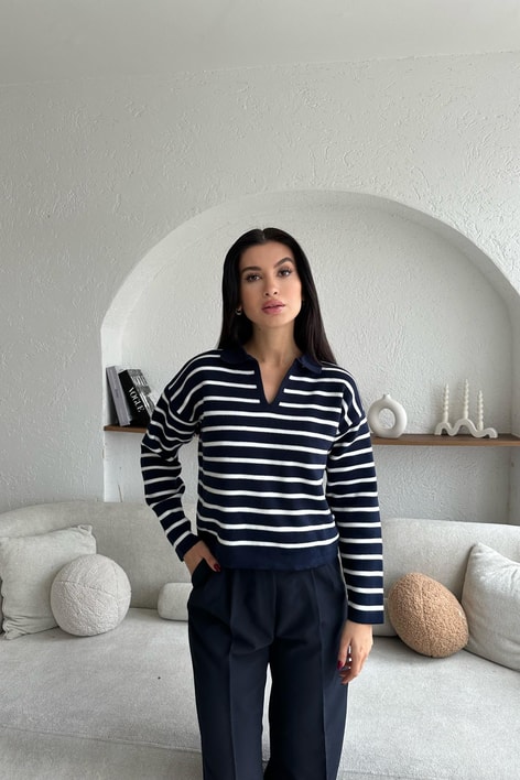 Polo Yaka Çizgili Triko Kazak Lacivert