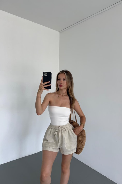 Bağcıklı Keten Şort Bej