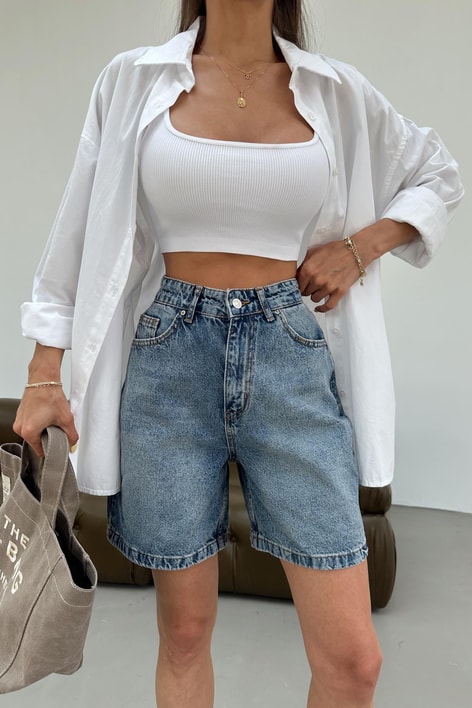 Premium Yıkamalı Denim Şort Mavi
