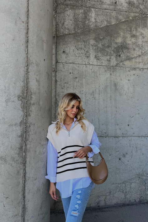 Fermuarlı Line Süveter Krem