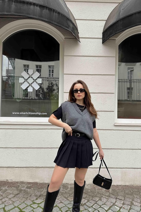 V Yaka Oversize Süveter Antrasit