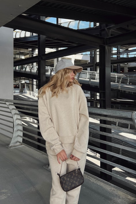 Bisiklet Yaka Basic Sweatshirt Bej Melanj