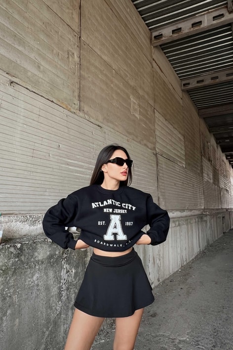 Bisiklet Yaka Baskılı Sweat Siyah