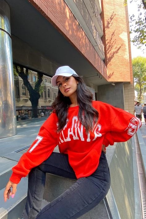 Bisiklet Yaka Text Baskılı Sweatshirt Oranj