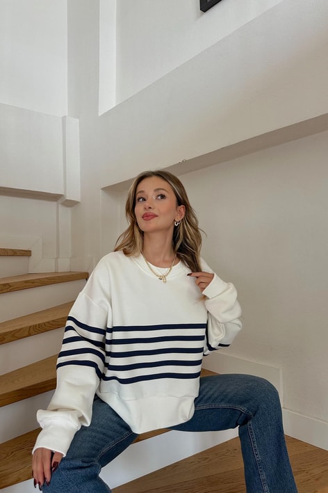 Çizgi Baskılı Sweat Ekru