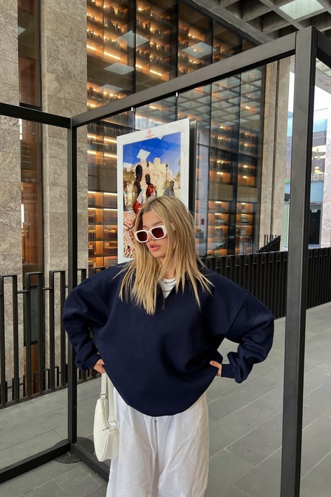 Fermuarlı Oversize Sweatshirt Lacivert