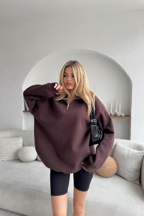 Fermuarlı Oversize Sweatshirt Kahve