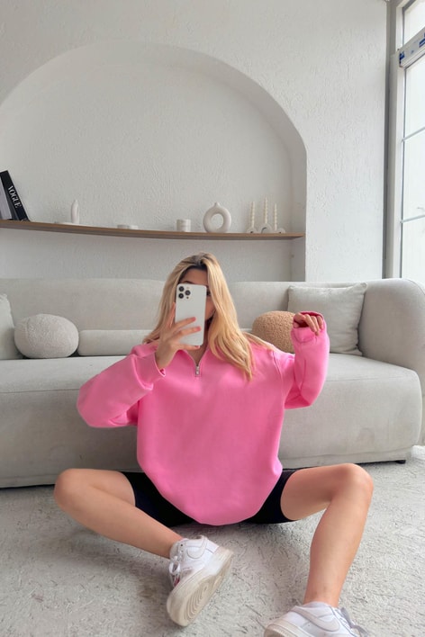 Fermuarlı Oversize Sweatshirt Pembe