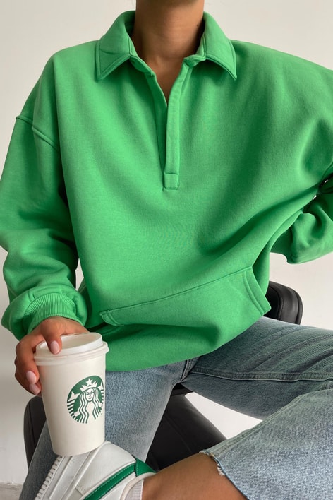 Kanguru Cepli Polo Yaka Sweat Yeşil