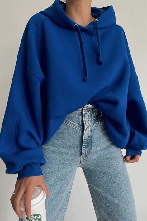 Kapüşonlu Basic Oversize Sweatshirt Saks Mavisi
