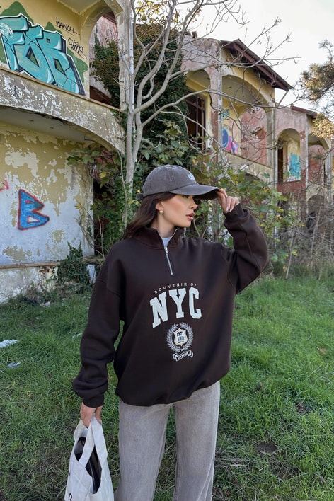 Nyc Nakışlı Fermuarlı Sweatshirt Kahve