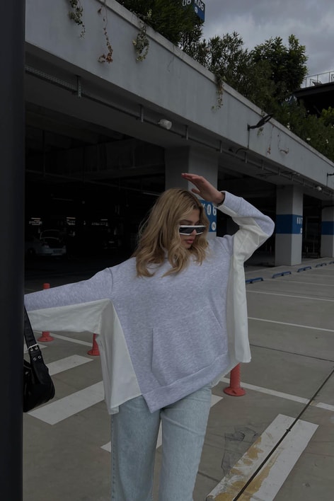 Parça Birleştirme Oversize Kapüşonlu Sweat Gri