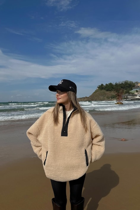 Premium Yarım Fermuarlı Peluş Sweat Krem