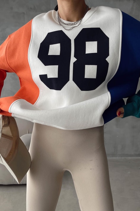 Renk Bloklu Baskılı Sweatshirt Beyaz