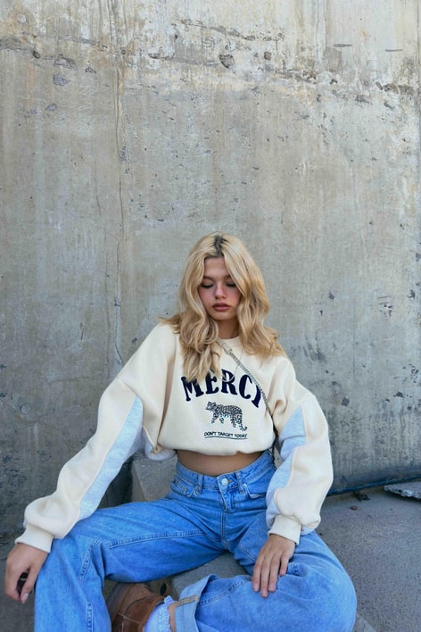 Renk Bloklu Mercı Sweatshirt Bej
