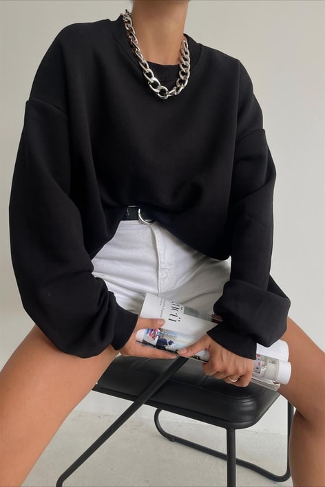 Ribana Detaylı Basic Sweatshirt Siyah