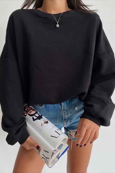 Ribanalı Bisiklet Yaka Basic Sweatshirt Siyah