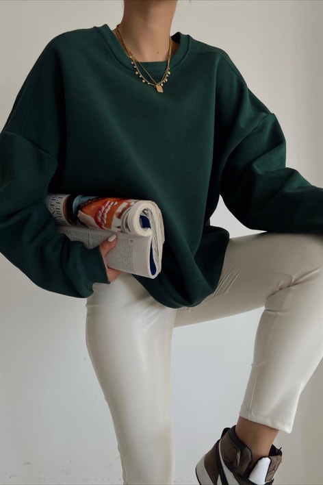 Ribanalı Bisiklet Yaka Basic Sweatshirt Zümrüt Yeşili