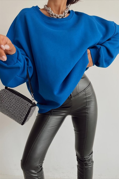 Ribanalı Bisiklet Yaka Basic Sweatshirt Saks Mavisi